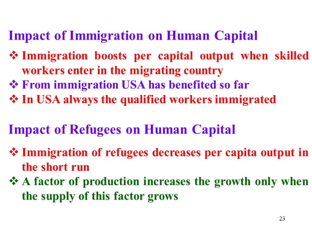 23 Impact of Immigration on Human Capital Immigration boosts per capital output when skilled